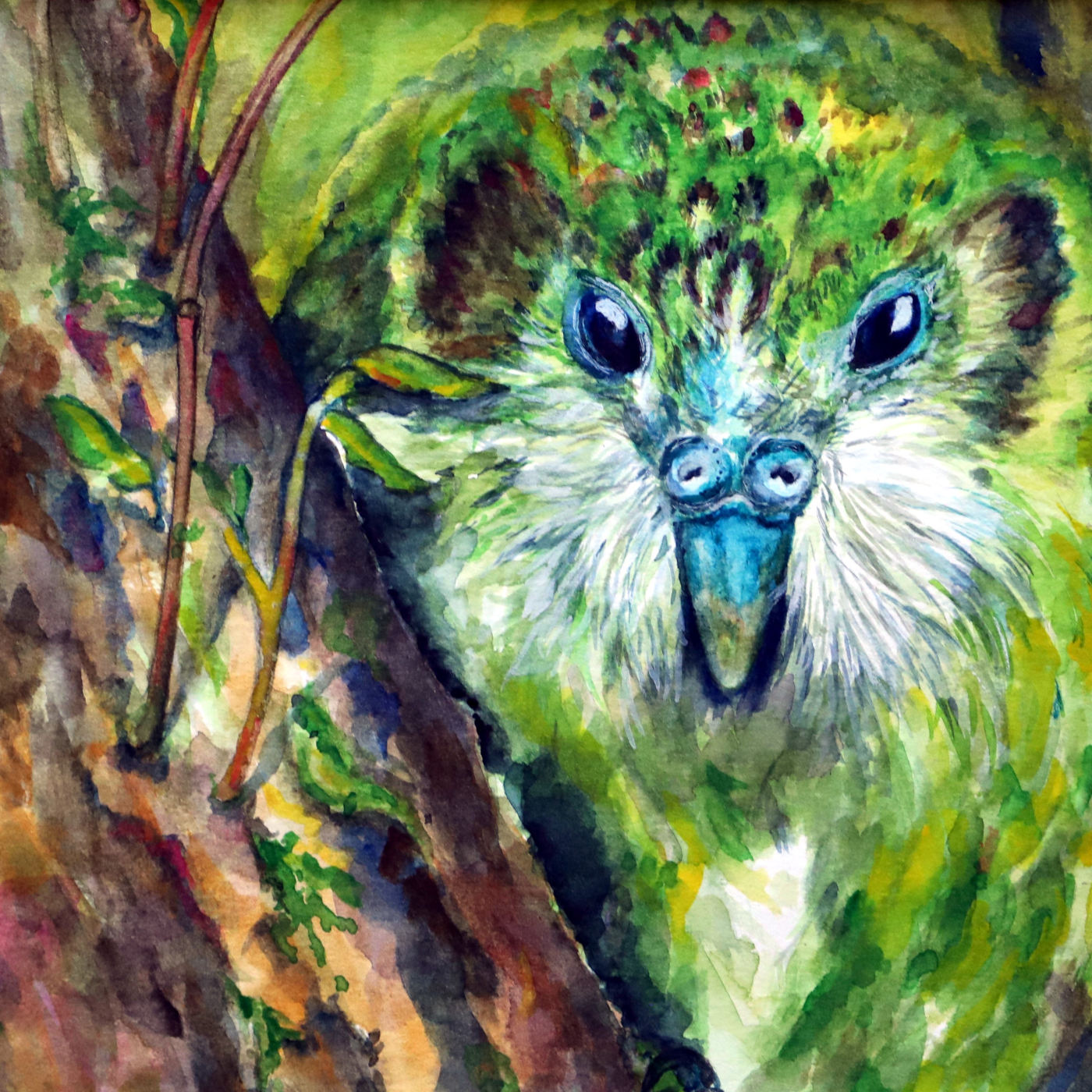 Aquarell eines Kakapo im Gebüsch von Kathrin Konrad